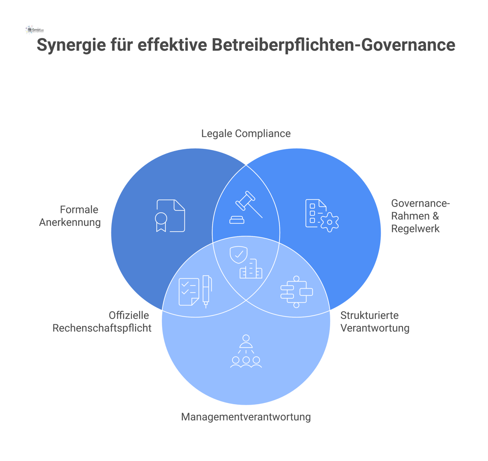 Strukturdiagramm zum Audit der Governance für Betreiberpflichten, das die vier Kernbereiche als verbundene Elemente darstellt: Formale Anerkennung, Governance-Rahmen, Managementverantwortung, Integrat