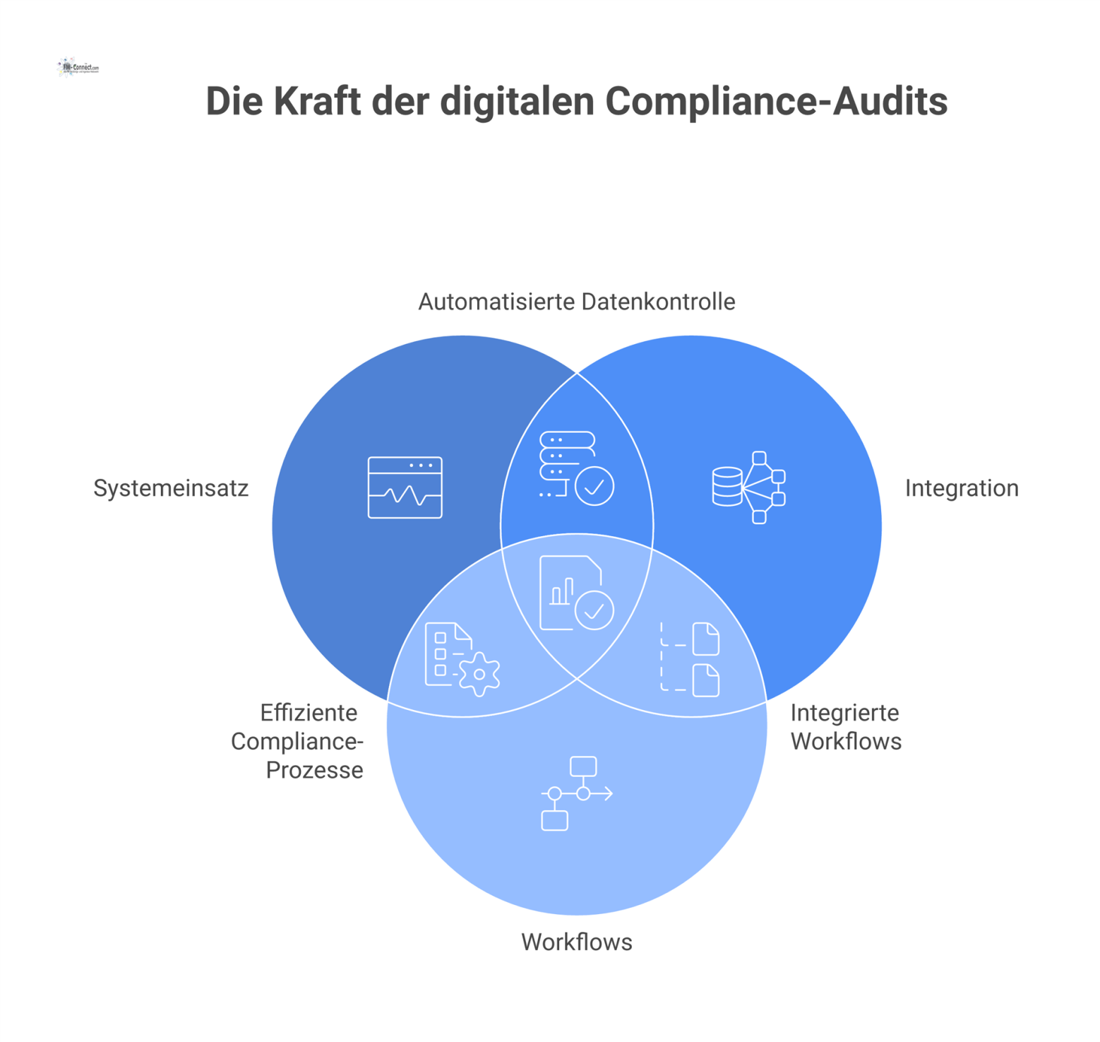 Diagramm der vier Säulen für das Audit digitaler Compliance-Systeme: Systemeinsatz, Integration, Workflows und Anwenderdisziplin für effektive Steuerung und Nachweisführung. 