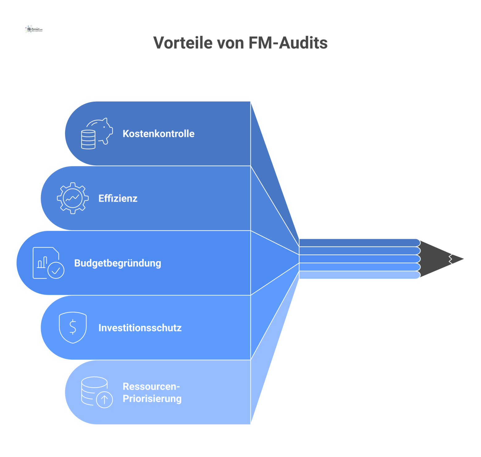 Hub-and-Spoke-Diagramm, das im Zentrum 'FM-Audits' zeigt, umgeben von den Vorteilen Kostenkontrolle, Effizienz, Budgetbegründung, Investitionsschutz und Ressourcen-Priorisierung.