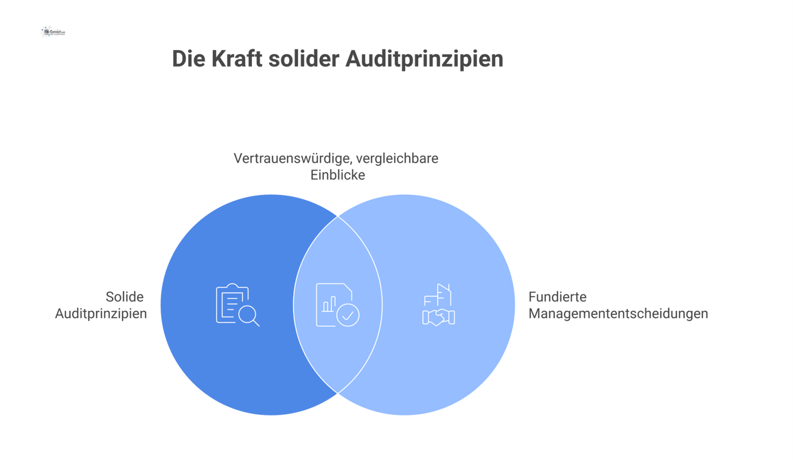 Flussdiagramm zeigt, wie solide Auditprinzipien zu vergleichbaren Ergebnissen und belastbaren Nachweisen führen, welche fundierte Managemententscheidungen ermöglichen.