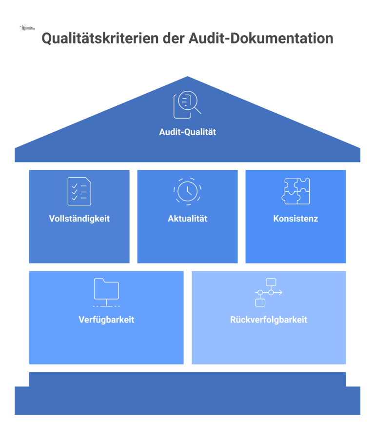 Qualitätskriterien der Audit-Dokumentation Ein Diagramm der fünf Qualitätskriterien für Audit-Dokumentation, die das zentrale Element 'Audit-Qualität' umgeben: Vollständigkeit, Aktualität, Konsistenz, Verfügbarkeit und Rückverfolgbarkeit.
