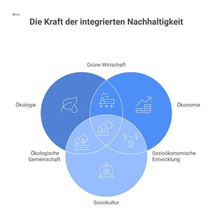 Infografik, die die DGNB als zentralen Knotenpunkt für nachhaltiges Bauen zeigt, basierend auf den drei Säulen Ökologie, Ökonomie und Soziokultur. 