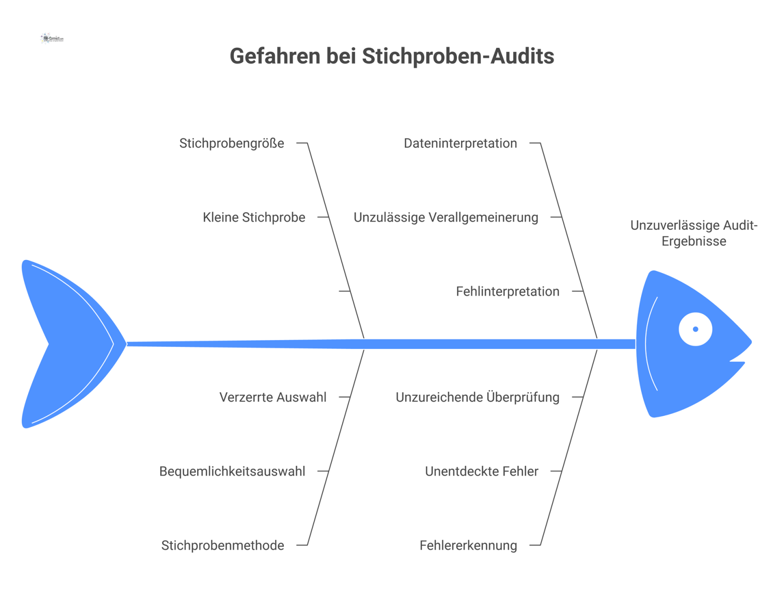 Infografik-Diagramm, das vier Hauptgefahren bei Stichproben-Audits zeigt, die von einem zentralen Punkt ausgehen, wie unentdeckte Fehler und Verzerrung. 