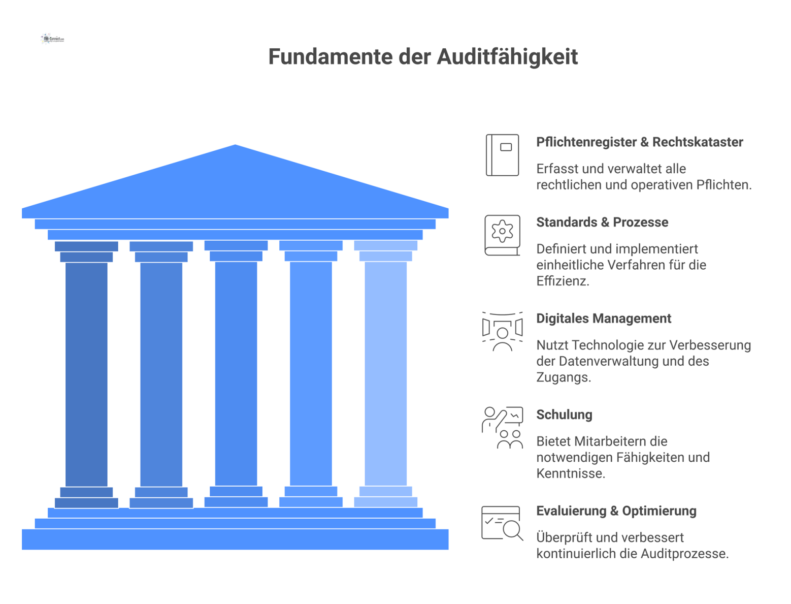 Infografik, die fünf Säulen zeigt, die zur permanenten Auditfähigkeit führen und dabei Sorgfalt, Standardisierung sowie Wirtschaftlichkeit ausbalancieren. 
