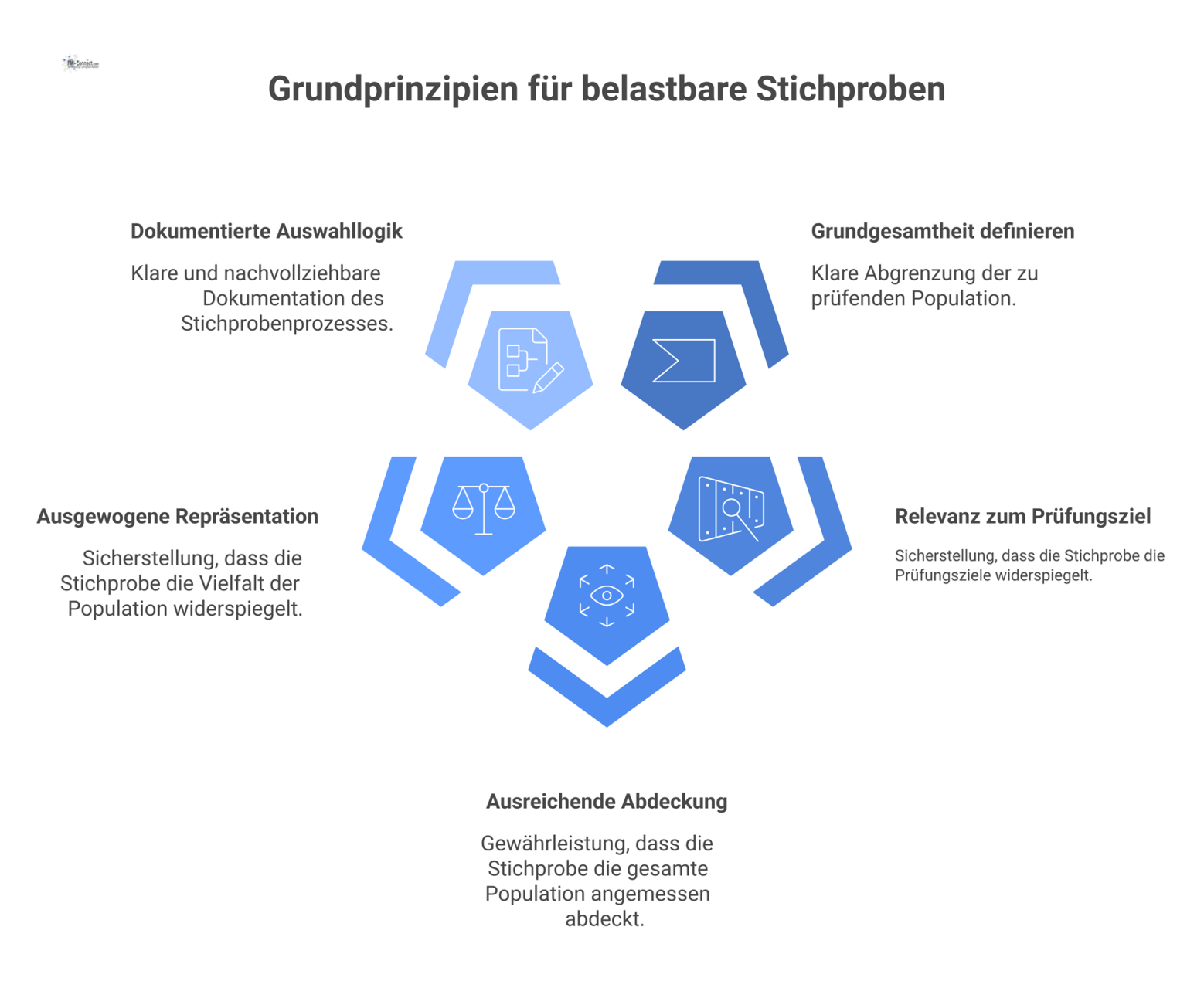 Infografik der fünf Prinzipien für eine belastbare Stichprobe, die als verbundene Boxen um ein zentrales Element angeordnet sind.