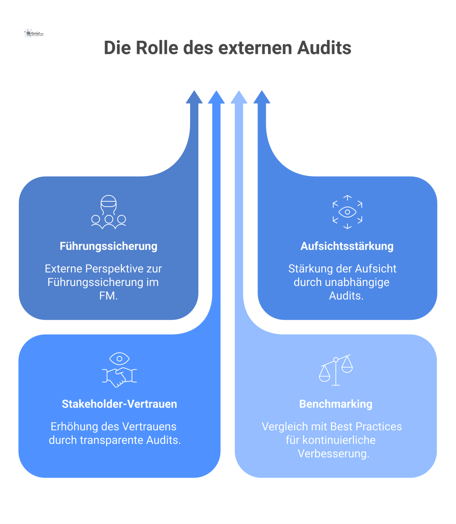 Infografik zum externen Audit als Governance-Instrument mit den vier Hauptbereichen Absicherung der Führung, Aufsicht, Stakeholder-Vertrauen und Benchmarking. 