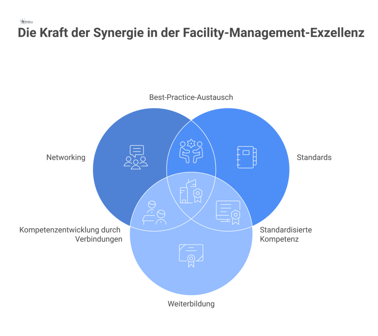 Diagramm von RealFM e.V. als zentralem Hub mit vier Hauptbereichen: Networking, Standards, Weiterbildung und Benchmarking für Facility Manager. 
