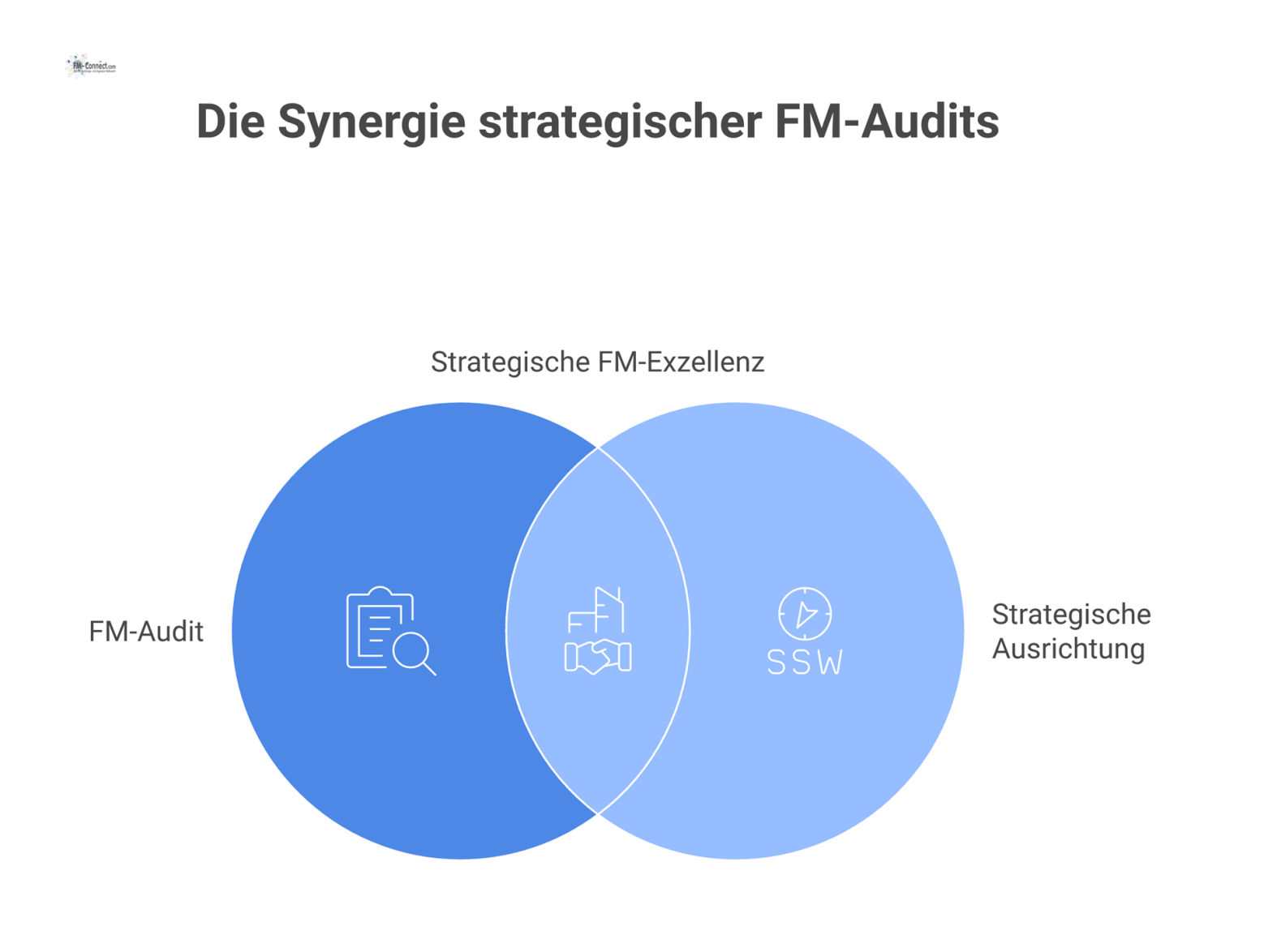 Ein Business-Diagramm mit dem zentralen Element 'FM-Audit', das mit sechs strategischen Bereichen verbunden ist: Governance, Risikotransparenz, Entscheidung, Leistung, Vermögenswerte und Ausrichtung.