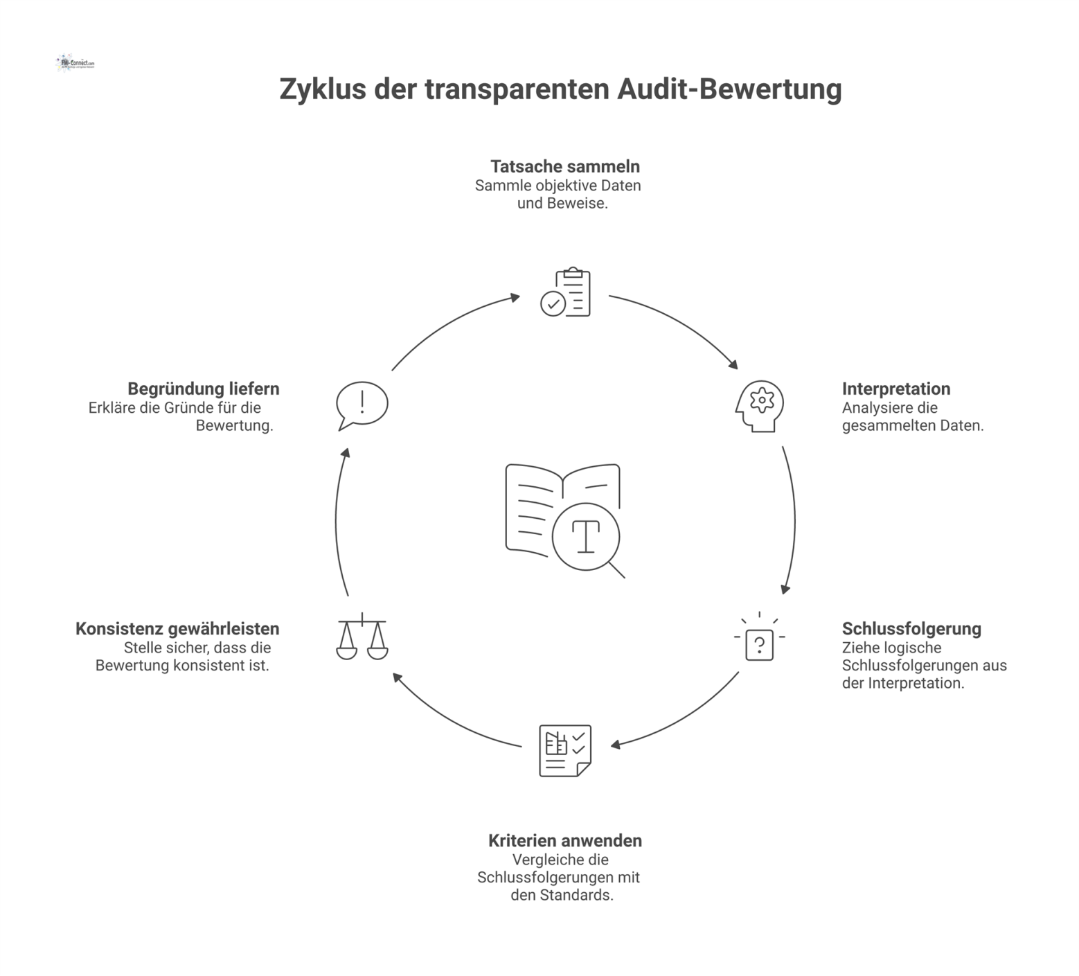 Diagramm der logischen Kette einer Audit-Bewertung, von der Tatsache über die Interpretation zur Schlussfolgerung, basierend auf Kriterien und Prinzipien.