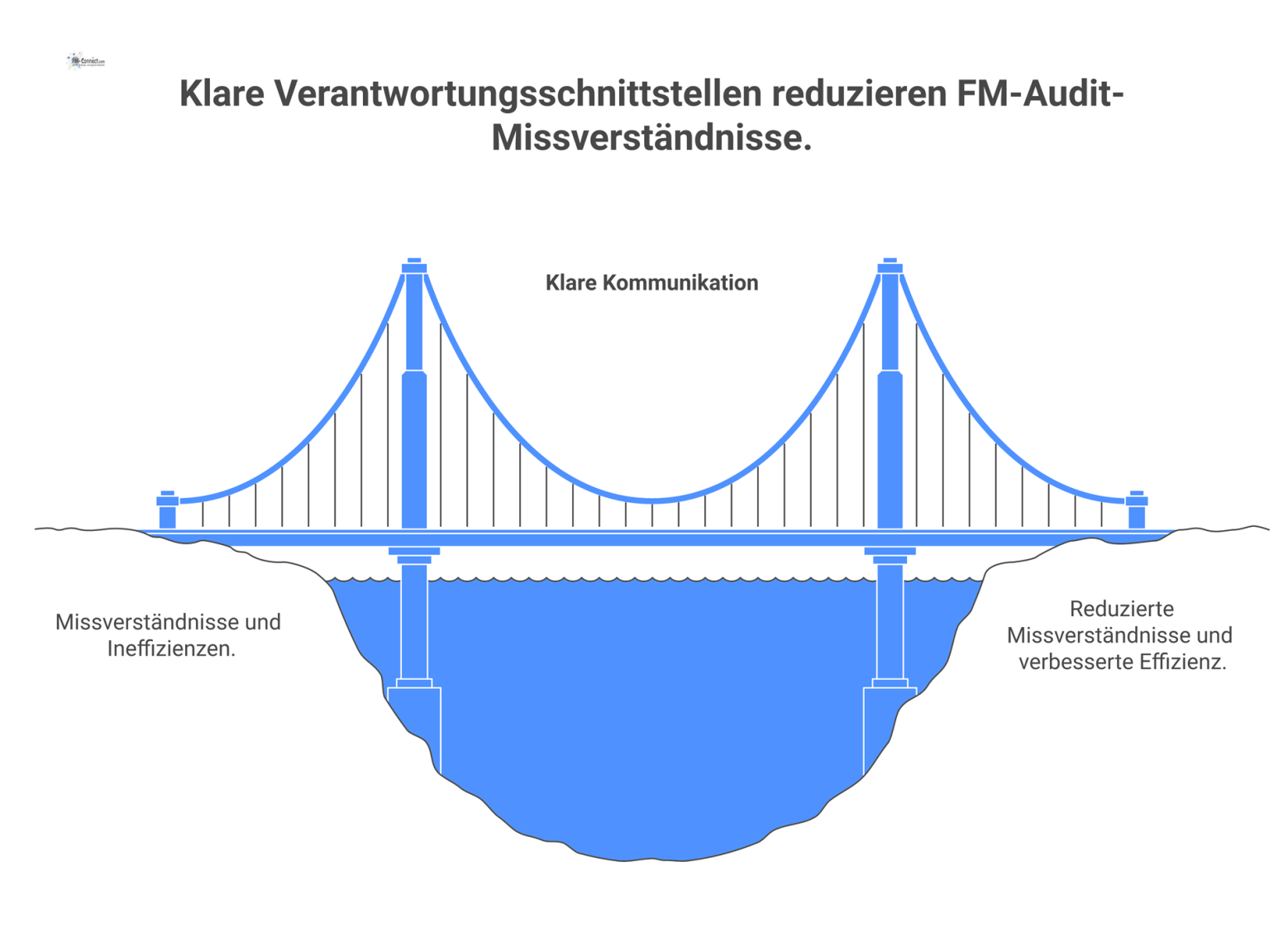 Diagramm der Verantwortungsschnittstellen in einem FM-Audit, welches ein zentrales Auditteam und seine Verbindungen zu FM-Leitung, Standortmanagement, Dienstleistern und Stakeholdern darstellt.
