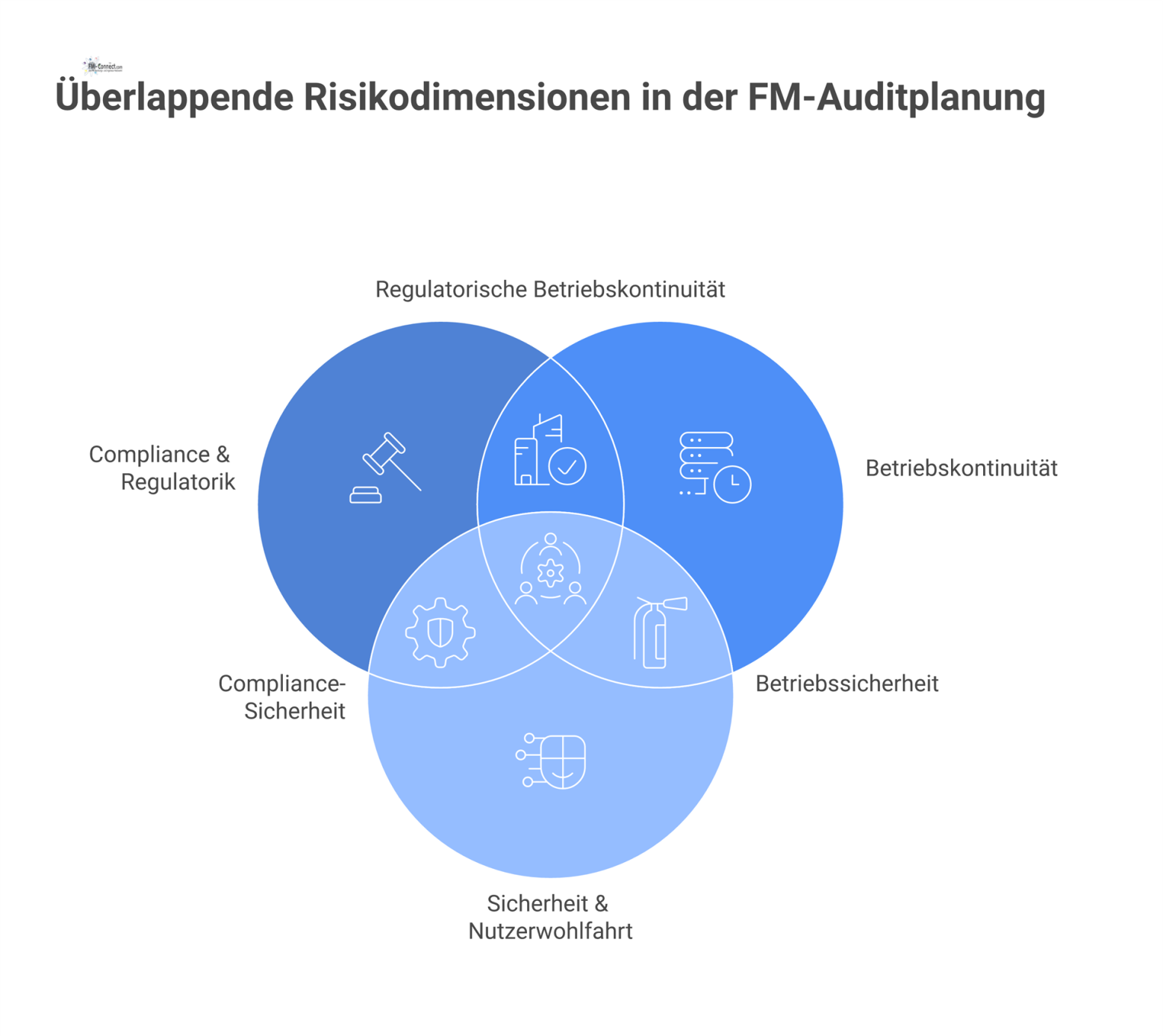 Ein Hub-and-Spoke-Diagramm, das die sechs Risikodimensionen der FM-Auditplanung darstellt: Compliance, Betriebskontinuität, Sicherheit, Finanzen, Verträge und Reputation. 