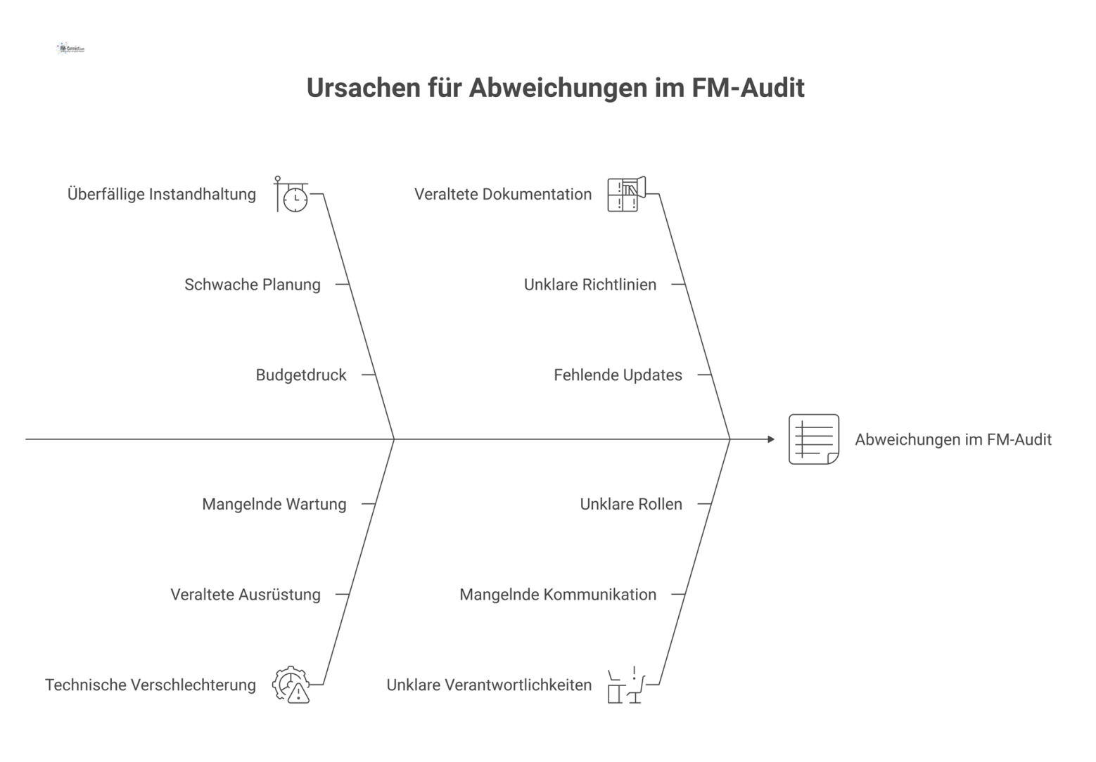 Mindmap zu den Ursachen von Abweichungen im FM-Audit, mit Hauptzweigen wie überfällige Instandhaltung, technische Verschlechterung und veraltete Dokumentation. 